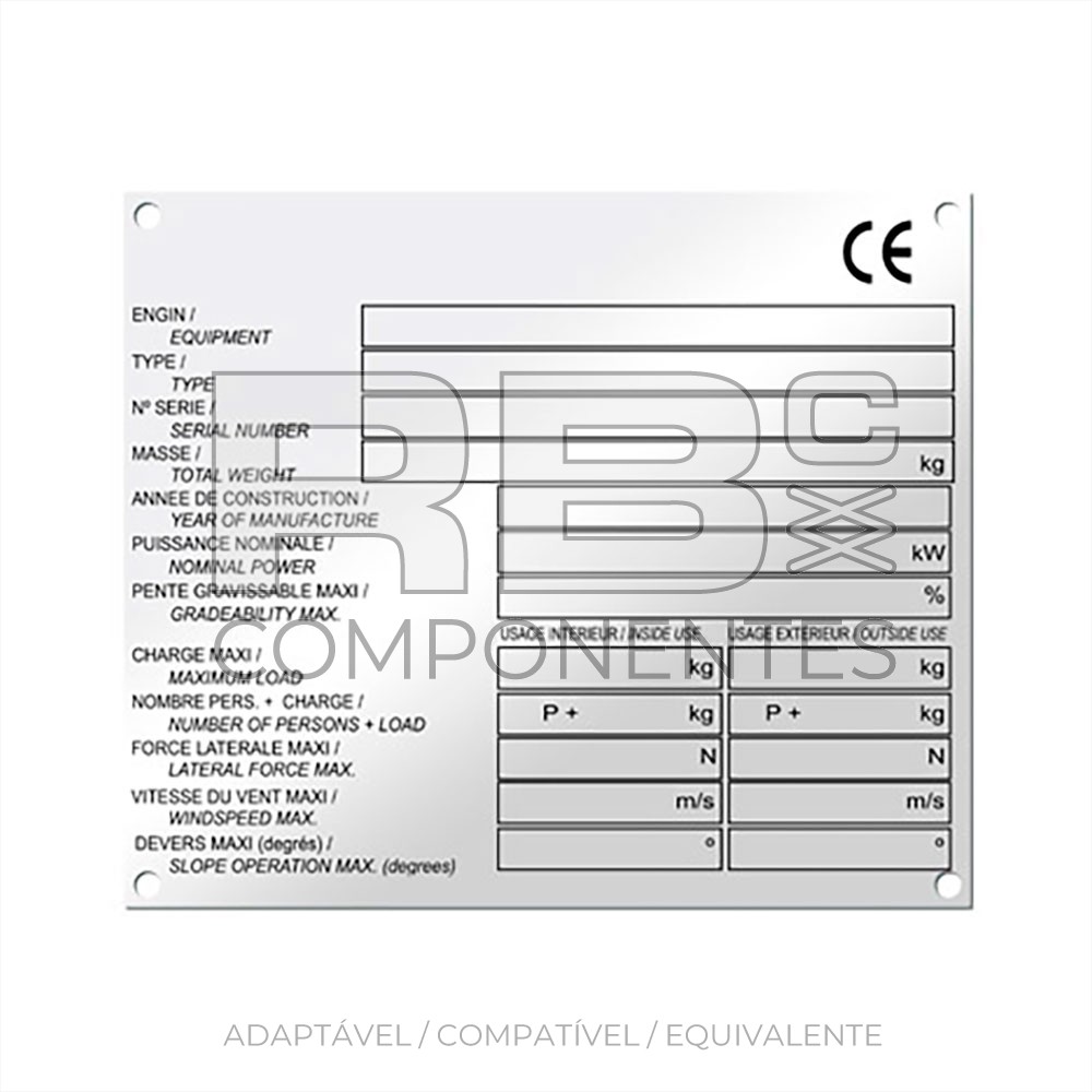 PLACA DE CARACTERÍSTICAS PARA TODOS OS TIPOS DE MÁQUINAS